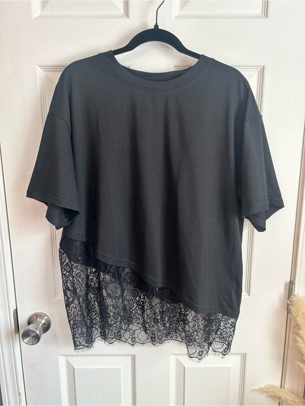 Black Short Sleeve Top with Lace Hem